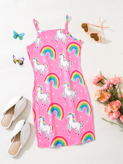 Girls Pink Rainbow & Unicorn Print Summer Dress (Age 3-7 YRS)