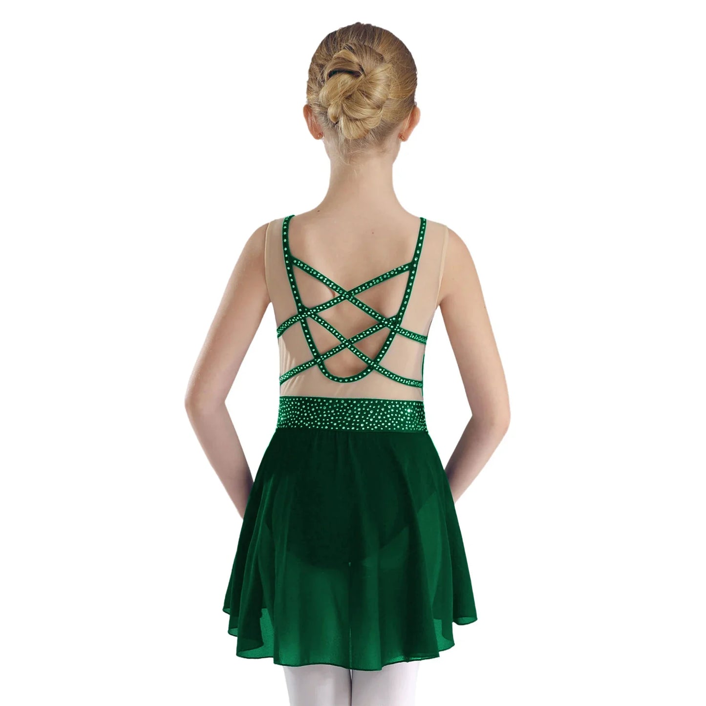 Rhinestone Gymnastics Figure Skating Dress for Teen Girls Sleeveless Sheer Mesh Tutu Ballet Leotard Lyrical Performance Costume