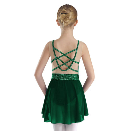 Rhinestone Gymnastics Figure Skating Dress for Teen Girls Sleeveless Sheer Mesh Tutu Ballet Leotard Lyrical Performance Costume