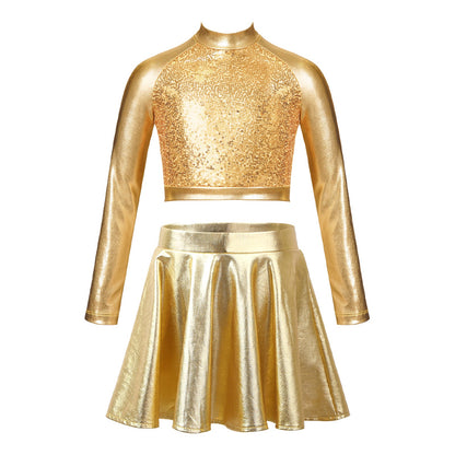 Girls Dance Metallic Long Sleeve Sequin Crop Top & Skirt (Age 6-14YRS)