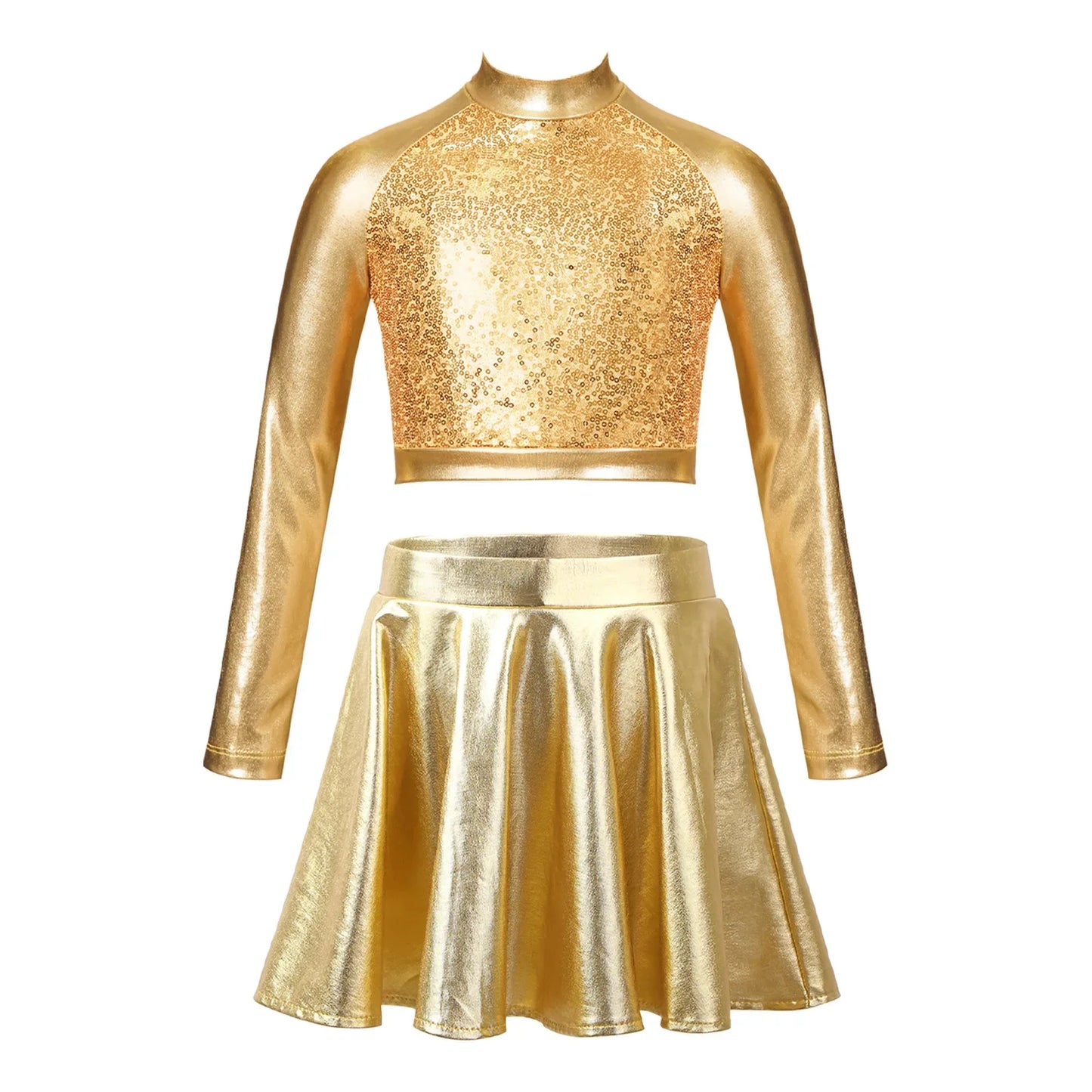 Girls Dance Metallic Long Sleeve Sequin Crop Top & Skirt (Age 6-14YRS)