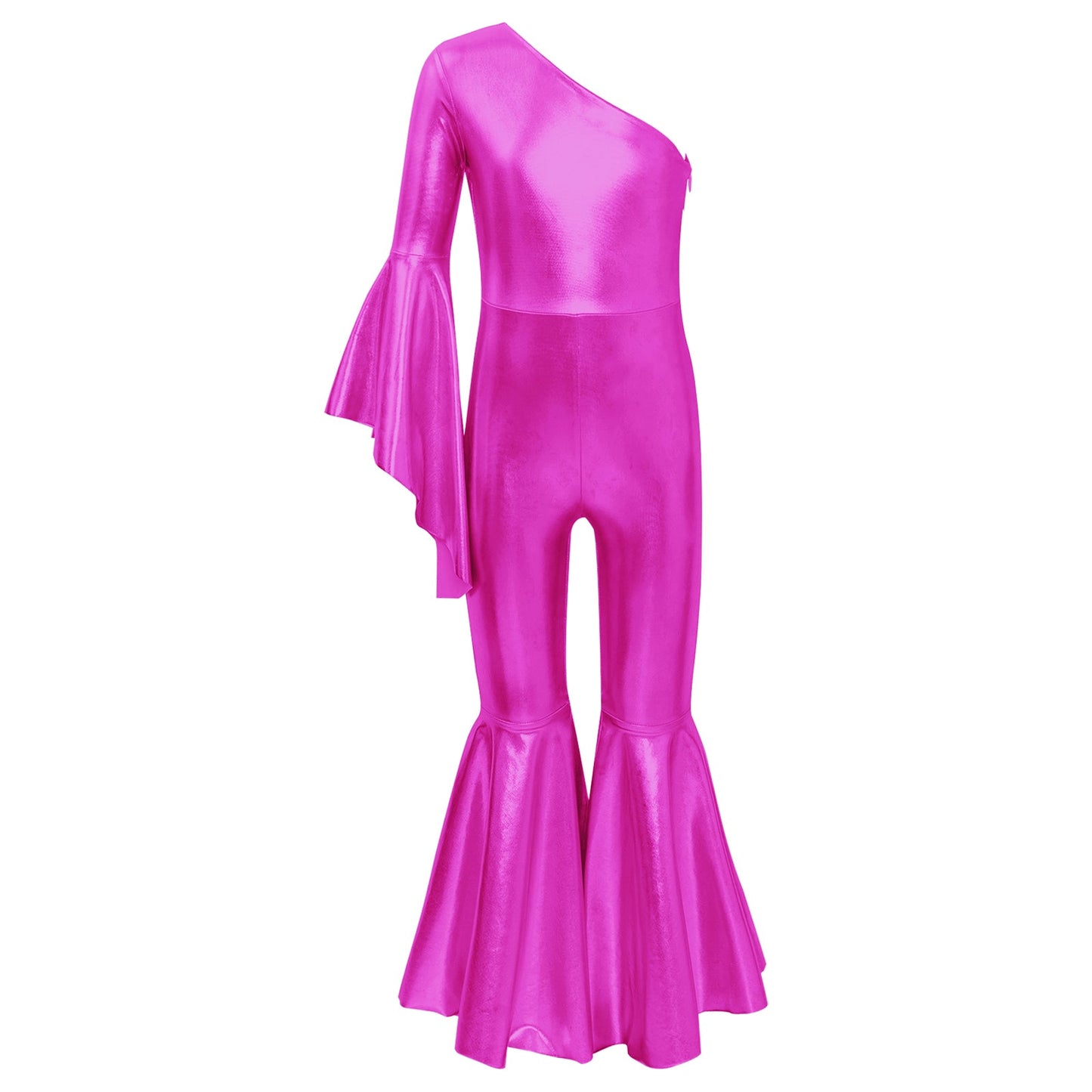 Girls Dance Metallic One Shoulder Bell-Bottom Jumpsuit (Age 6-16YRS)