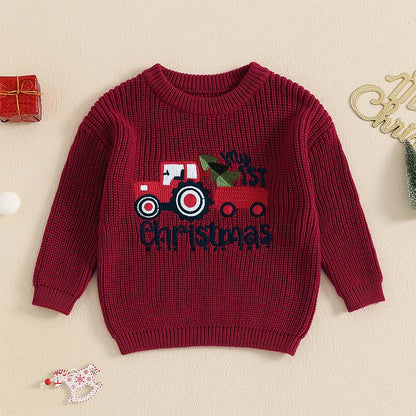 Baby Girls/Boys Christmas Tractor Ribbed Jumper (Age 3M-18M)