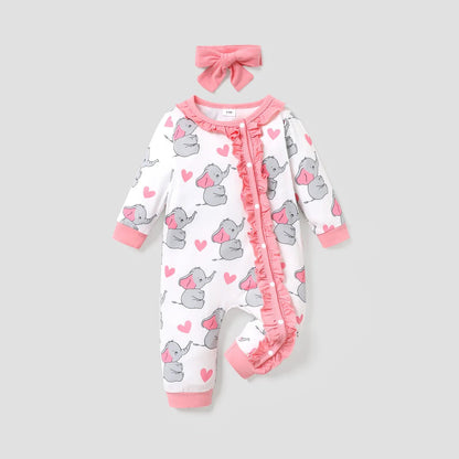 Baby Girls Koala Print White Long-Sleeve Ruffle Snap-up Jumpsuit (Age Newborn-18M)