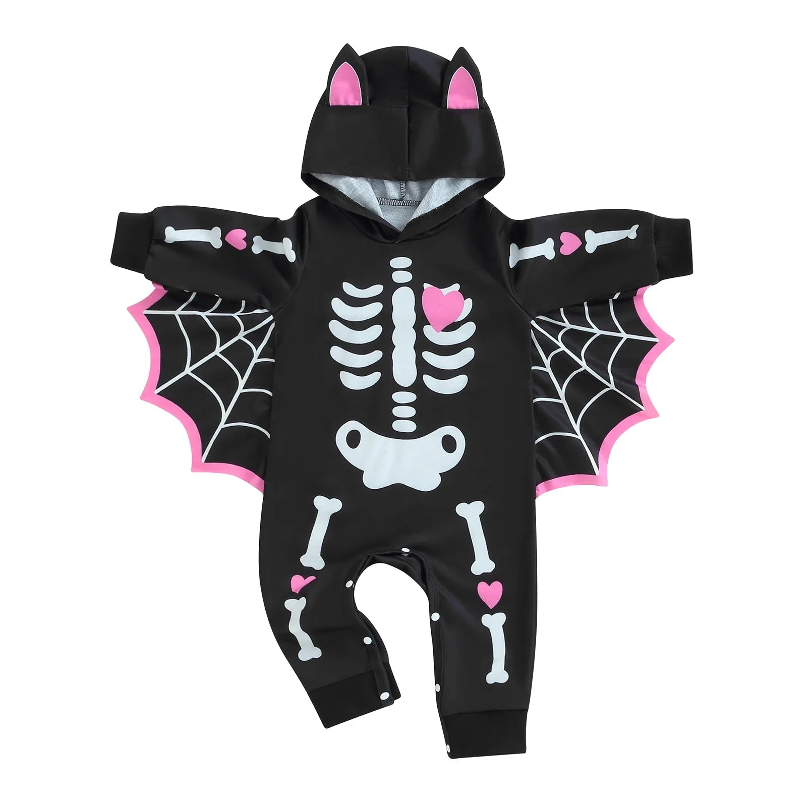 Baby Halloween Bat Costume Romper – Skeleton Cobweb Hooded Jumpsuit with Big Ears | Ages Newborn–24M