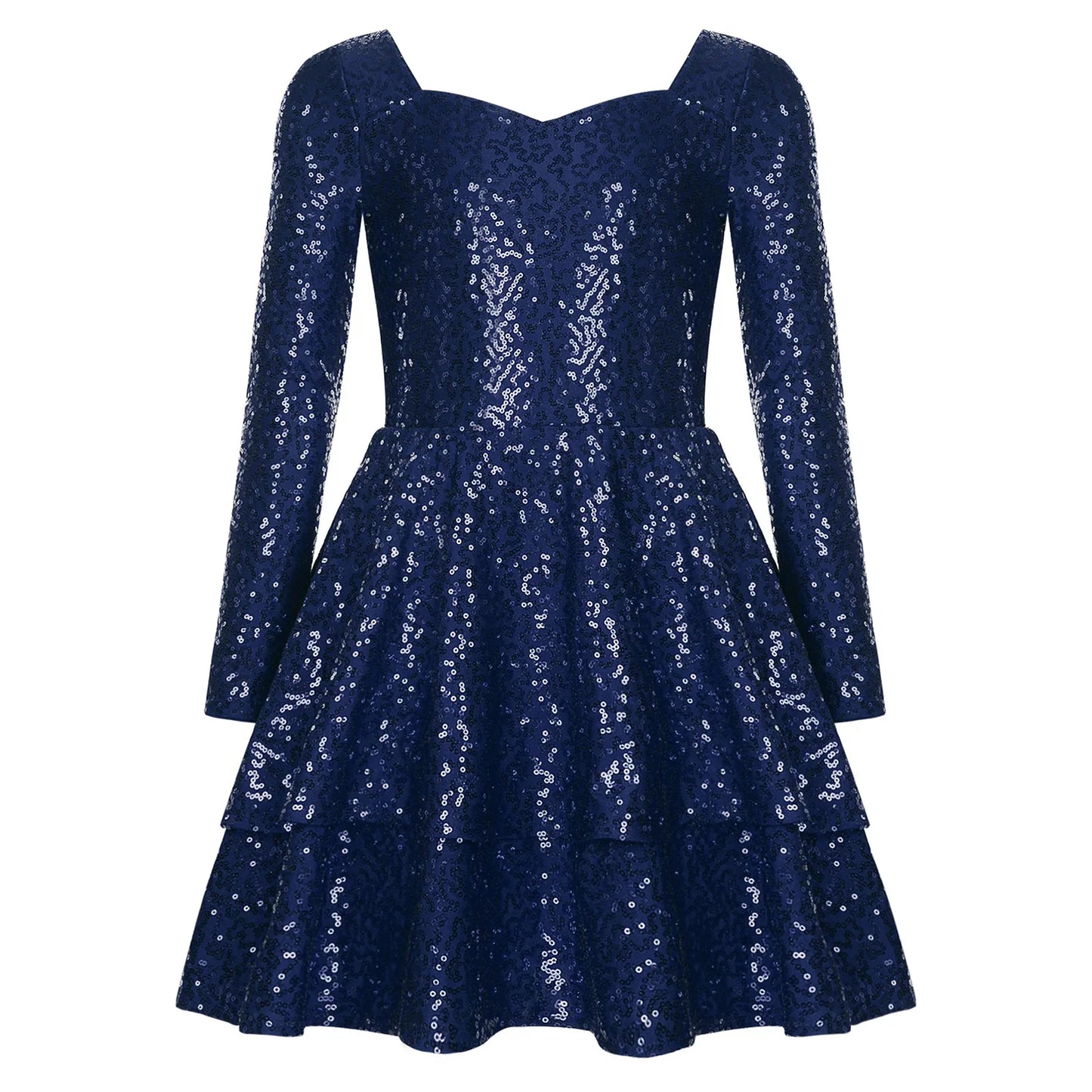 Girls Sequin Long Sleeve Double Layer Hemline Dress (Age 6-14 YRS)