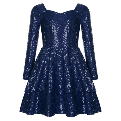 Girls Sequin Long Sleeve Double Layer Hemline Dress (Age 6-14 YRS)