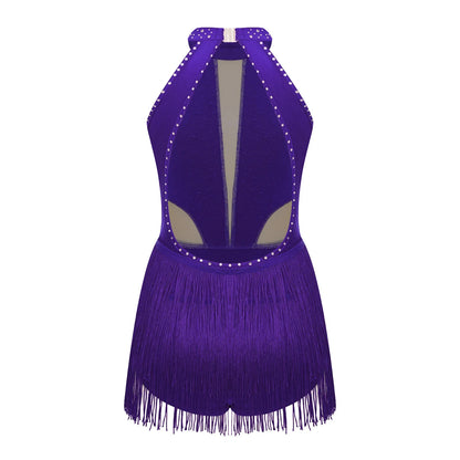 Girls Dance Costume Sleeveless Rhinestone Tassel Leotard (Age 6-16 YRS)