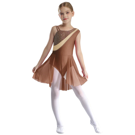 Girls Dance Performance Costume Rhinestones Mesh Skirted Leotard (Age 6-14YRS)