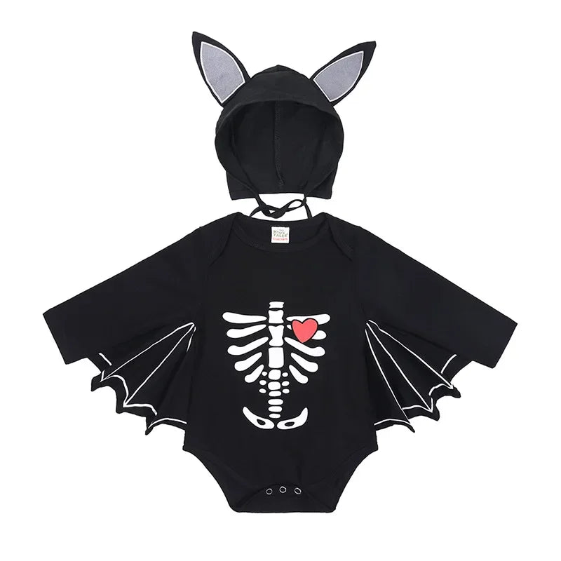Skeleton Black Bat Costume for Baby 3-6M 6-12M 12-24M Purim Halloween Costumes Romper Hat 2pcs/set