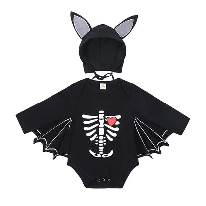 Skeleton Black Bat Costume for Baby 3-6M 6-12M 12-24M Purim Halloween Costumes Romper Hat 2pcs/set