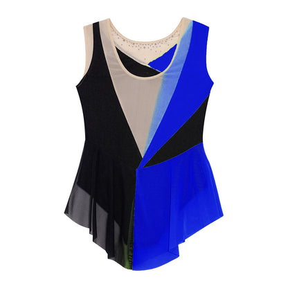 Rhinestone Gymnastics Figure Skating Dress for Teen Girls Sleeveless Sheer Mesh Tutu Ballet Leotard Lyrical Performance Costume
