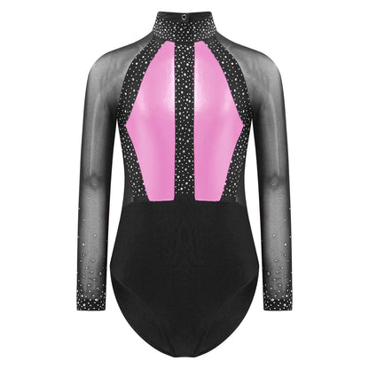 Girls Dance Performance Costume Long Sleeve Rhinestone Leotard (Age 6-16 YRS)