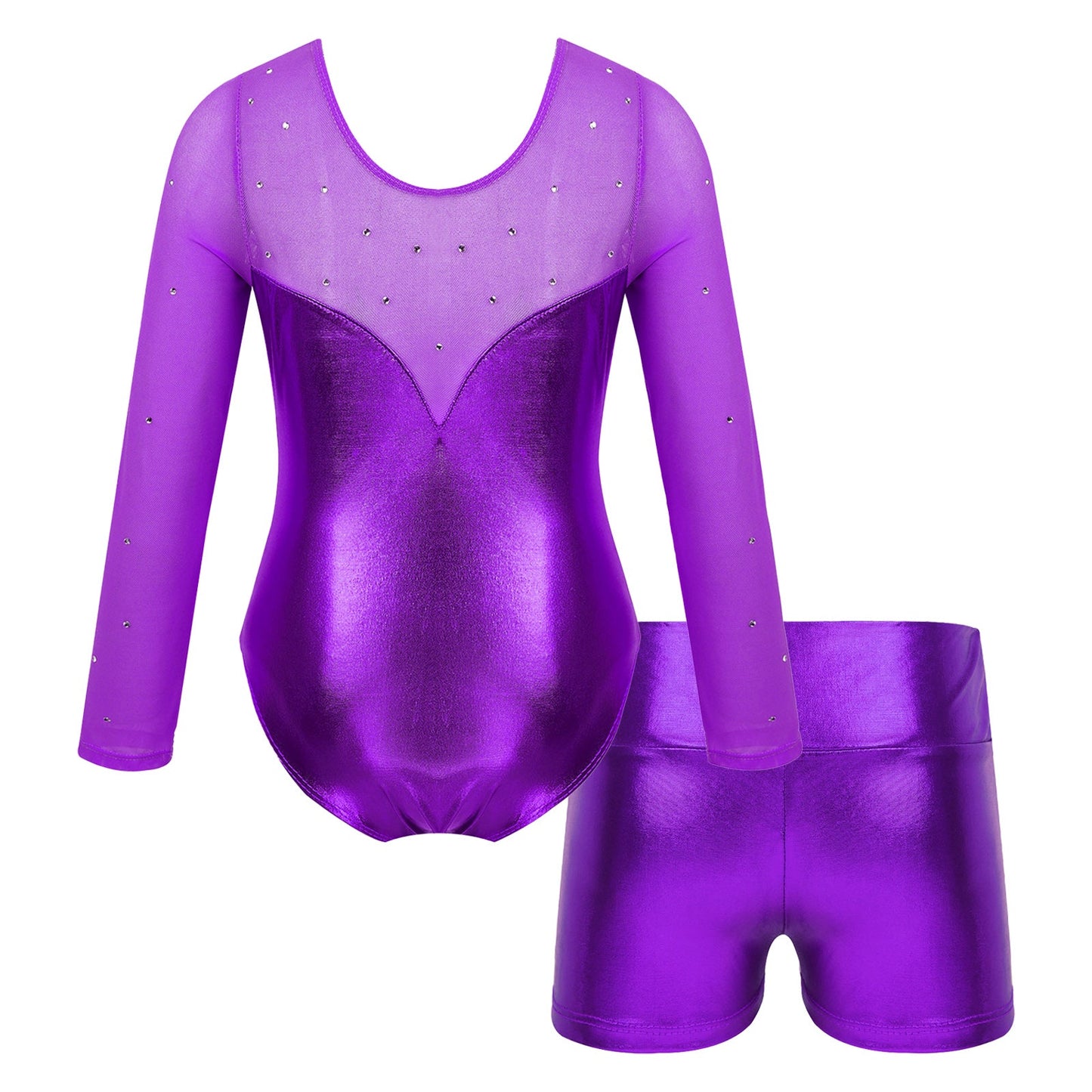 Girls Rhinestone Metallic Dance Bodysuit & Shorts Set (Age 4-12 YRS)