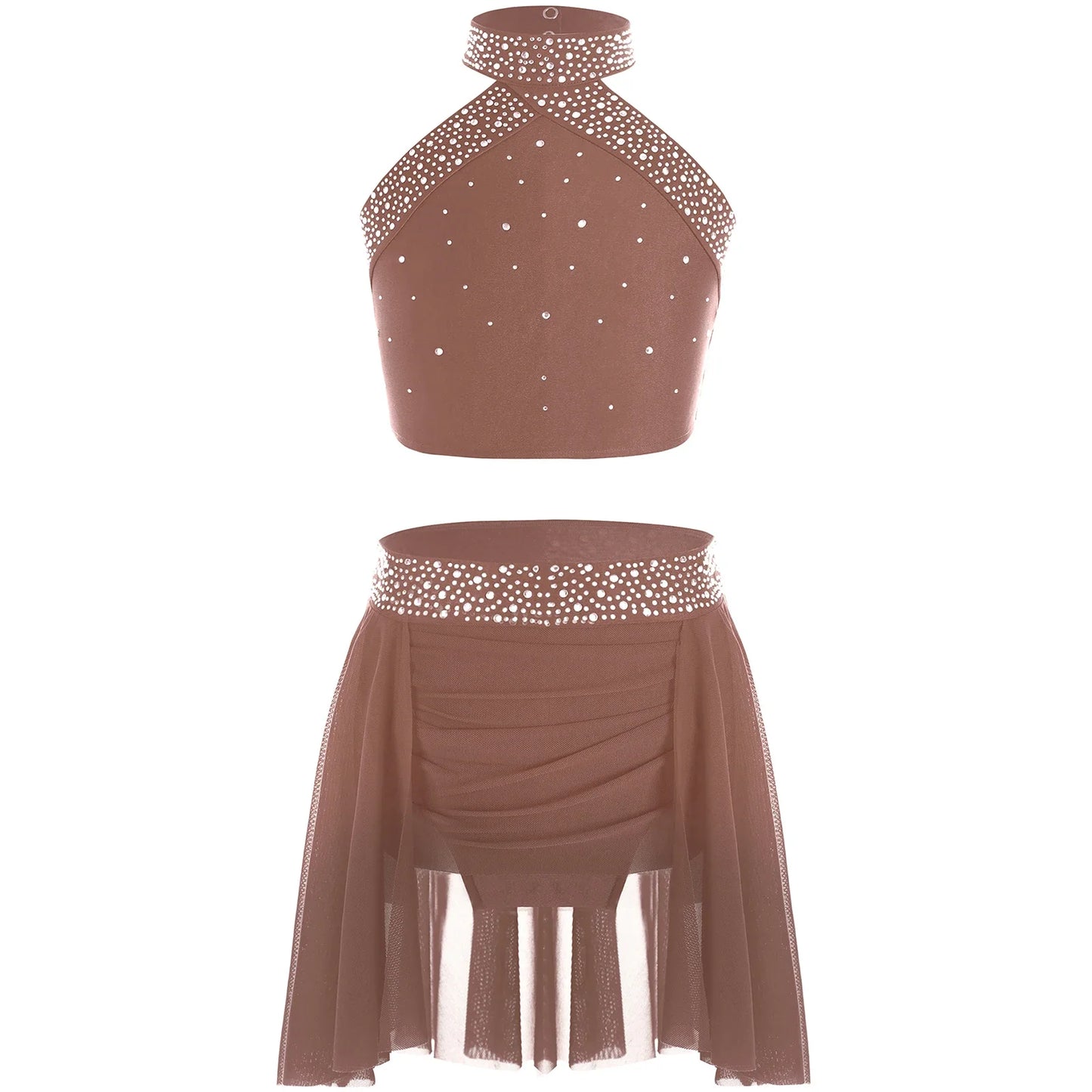 Girls Rhinestones Dance Outfit Tops & Skirt Set (Age 6-16 YRS)