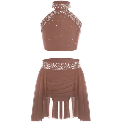 Girls Rhinestones Dance Outfit Tops & Skirt Set (Age 6-16 YRS)