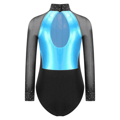 Girls Dance Performance Costume Long Sleeve Rhinestone Leotard (Age 6-16 YRS)