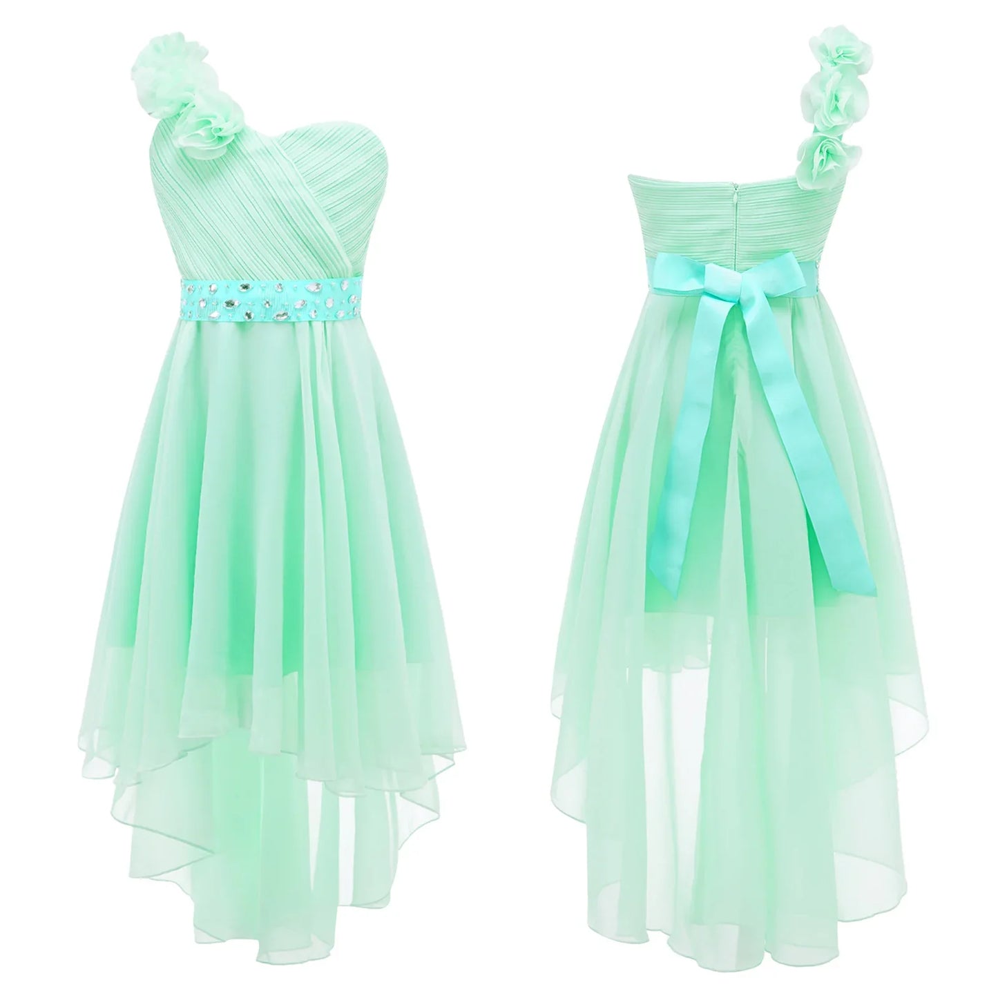 Girls Applique One-Shoulder Ruched Asymmetrical Hem Dress (Age 6-16YRS)
