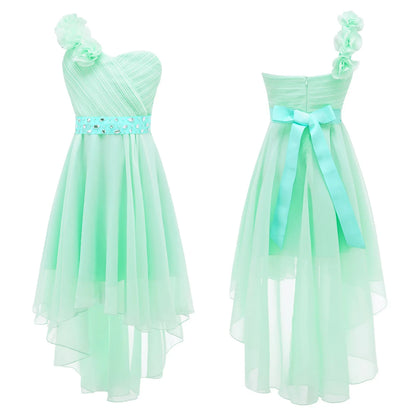 Girls Applique One-Shoulder Ruched Asymmetrical Hem Dress (Age 6-16YRS)