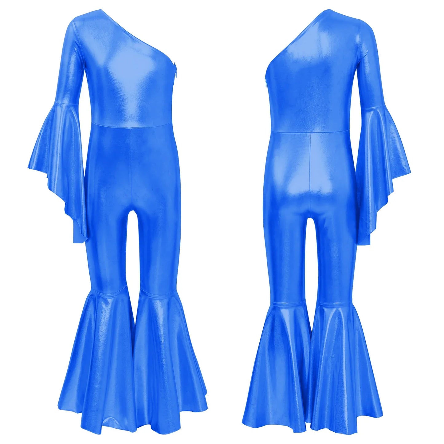 Girls Dance Metallic One Shoulder Bell-Bottom Jumpsuit (Age 6-16YRS)