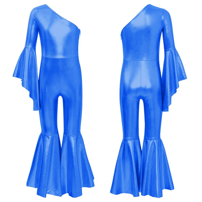 Girls Dance Metallic One Shoulder Bell-Bottom Jumpsuit (Age 6-16YRS)