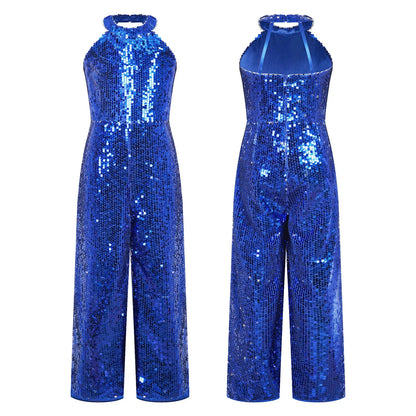 Girls Dance Sequin Sleeveless Halter Jumpsuit (Age 6-14YRS)