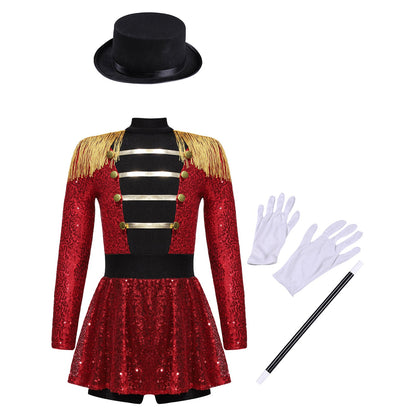Girls Halloween Circus Ringmaster  Costume Long Sleeve Sequin Leotard Dress (Age 6-14YRS)