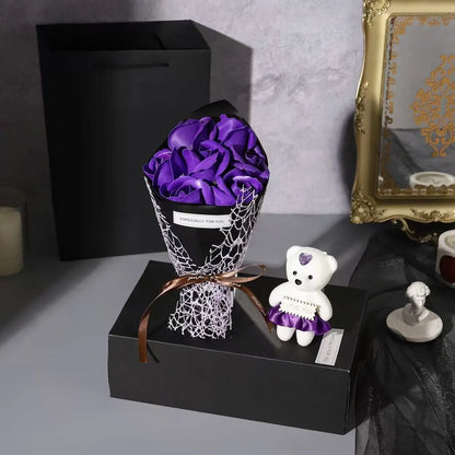 Artificial Rose Bouquet Bear Gift Box - Christmas Birthday Valentines Purple