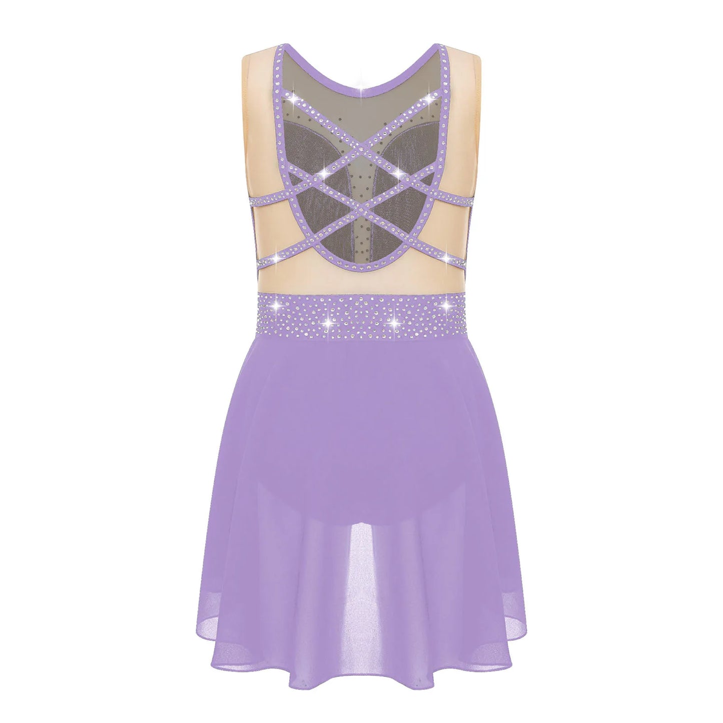 Rhinestone Gymnastics Figure Skating Dress for Teen Girls Sleeveless Sheer Mesh Tutu Ballet Leotard Lyrical Performance Costume