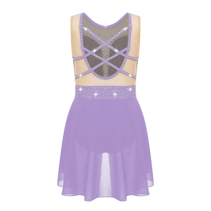 Rhinestone Gymnastics Figure Skating Dress for Teen Girls Sleeveless Sheer Mesh Tutu Ballet Leotard Lyrical Performance Costume