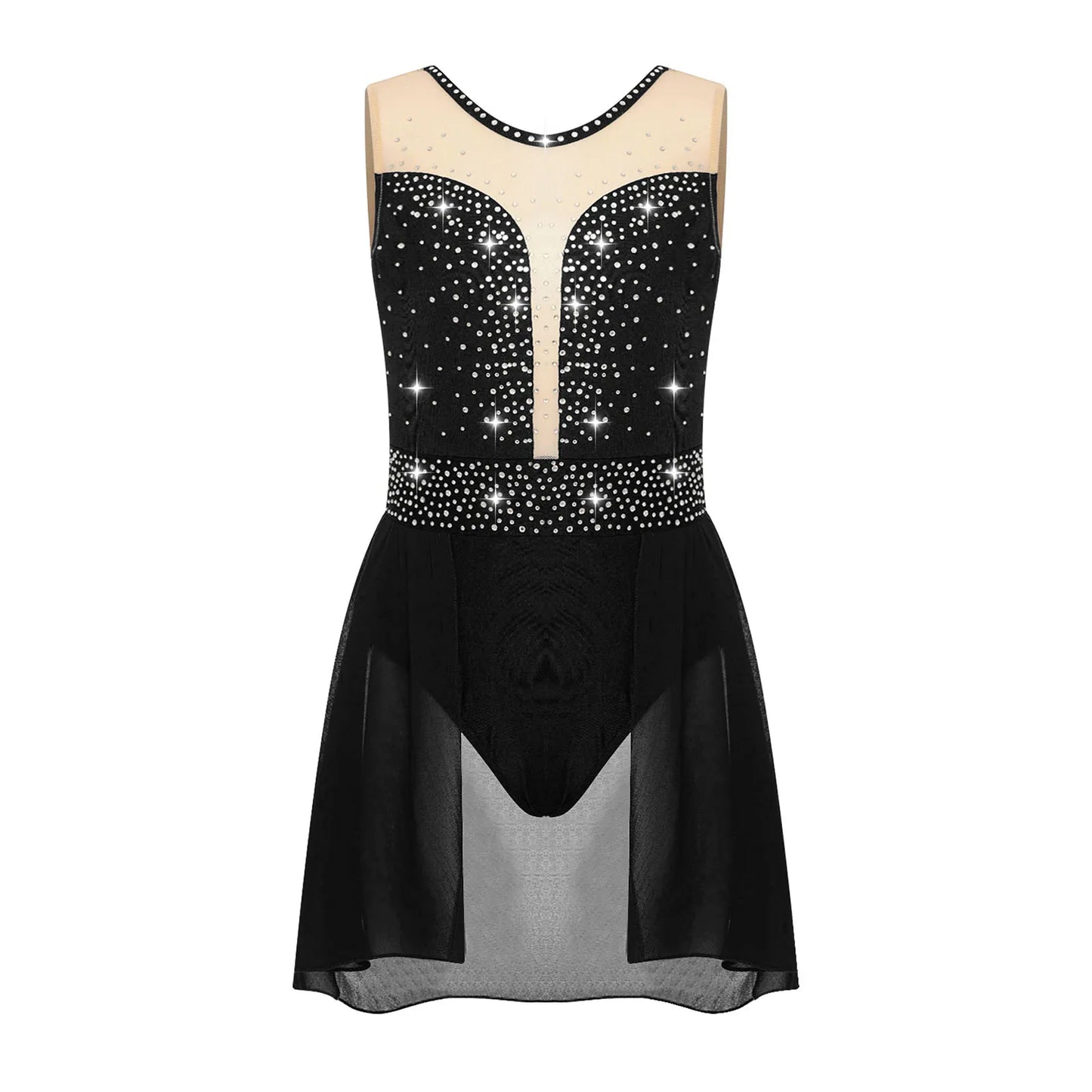 Rhinestone Gymnastics Figure Skating Dress for Teen Girls Sleeveless Sheer Mesh Tutu Ballet Leotard Lyrical Performance Costume
