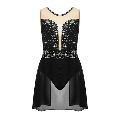 Rhinestone Gymnastics Figure Skating Dress for Teen Girls Sleeveless Sheer Mesh Tutu Ballet Leotard Lyrical Performance Costume