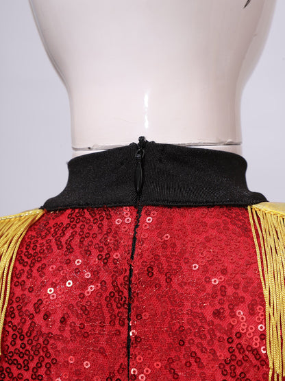 Girls Halloween Circus Ringmaster  Costume Long Sleeve Sequin Leotard Dress (Age 6-14YRS)