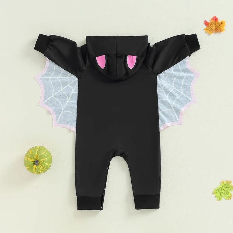 Baby Halloween Bat Costume Romper – Skeleton Cobweb Hooded Jumpsuit with Big Ears | Ages Newborn–24M