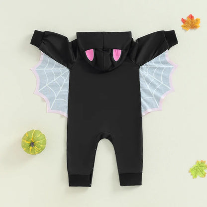 Baby Halloween Bat Costume Romper – Skeleton Cobweb Hooded Jumpsuit with Big Ears | Ages Newborn–24M