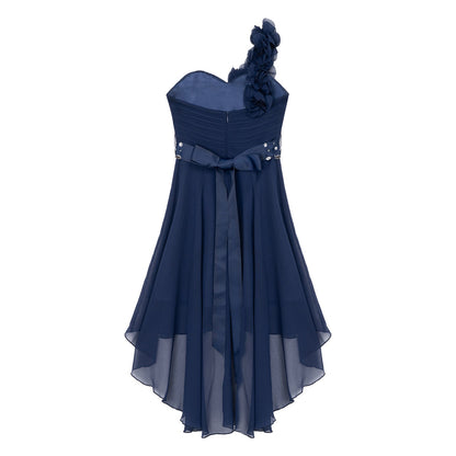 Girls Applique One-Shoulder Ruched Asymmetrical Hem Dress (Age 6-16YRS)