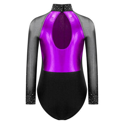 Girls Dance Performance Costume Long Sleeve Rhinestone Leotard (Age 6-16 YRS)