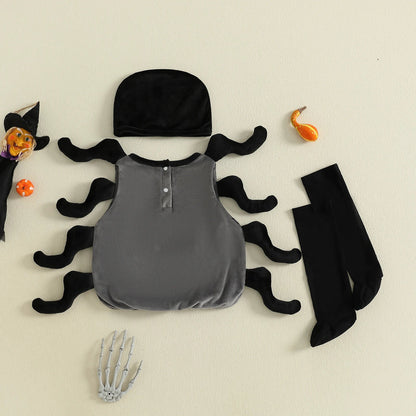 Infant Baby Boy Girl Halloween Spider Cosplay Costume Sleeveless Vest Tops Long Socks Hat 3pcs Sets Party Club Toddler Clothes