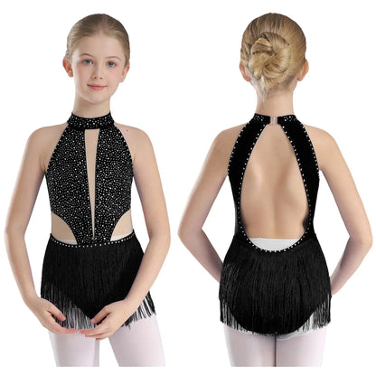 Girls Dance Costume Sleeveless Rhinestone Tassel Leotard (Age 6-16 YRS)