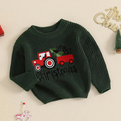 Baby Girls/Boys Christmas Tractor Ribbed Jumper (Age 3M-18M)
