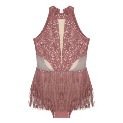 Girls Dance Costume Sleeveless Rhinestone Tassel Leotard (Age 6-16 YRS)