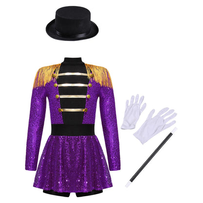 Girls Halloween Circus Ringmaster  Costume Long Sleeve Sequin Leotard Dress (Age 6-14YRS)