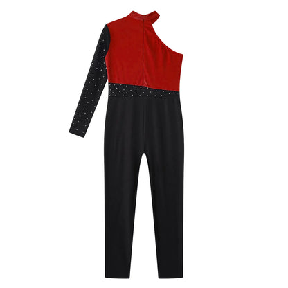 Girls Gymnastics Rhinestones Sheer Mesh Jumpsuit (Age 6-16 YRS)