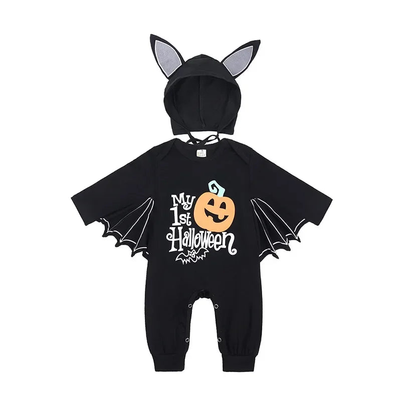 Skeleton Black Bat Costume for Baby 3-6M 6-12M 12-24M Purim Halloween Costumes Romper Hat 2pcs/set pumpkin long
