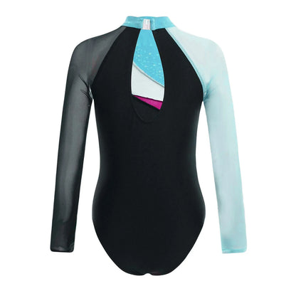 Girls Ballet Dance Leotard Gymnastics  Rhinestones Sheer Mesh Long Sleeve (Age 4-16 YRS)