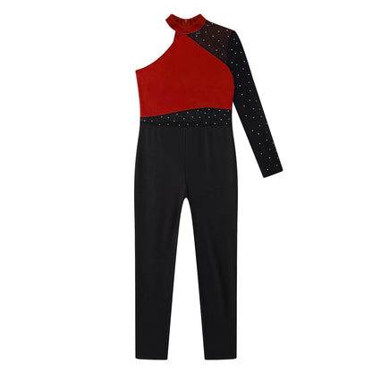 Girls Gymnastics Rhinestones Sheer Mesh Jumpsuit (Age 6-16 YRS)