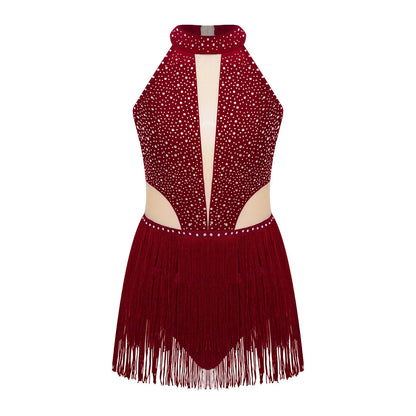 Girls Dance Costume Sleeveless Rhinestone Tassel Leotard (Age 6-16 YRS)