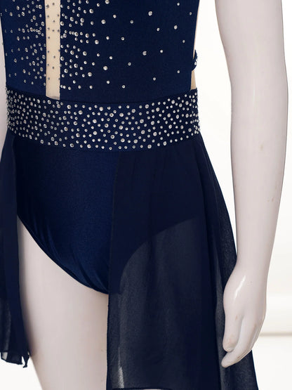 Rhinestone Gymnastics Figure Skating Dress for Teen Girls Sleeveless Sheer Mesh Tutu Ballet Leotard Lyrical Performance Costume