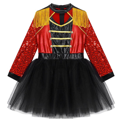 Girls Circus Ringmaster Magician Sequin Leotard Tutu Dress Costume (Age 6-16 YRS)