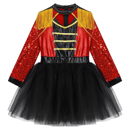 Girls Circus Ringmaster Magician Sequin Leotard Tutu Dress Costume (Age 6-16 YRS)